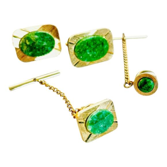 Vintage Jade Gold Tone Mens Jewelry Set Cufflinks Tie Tacks - Picture 1 of 6